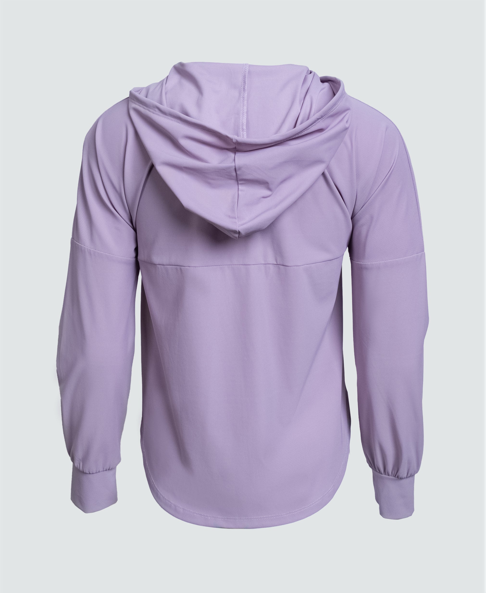 Woman wearing a purple hoodie with a brand logo on a white background