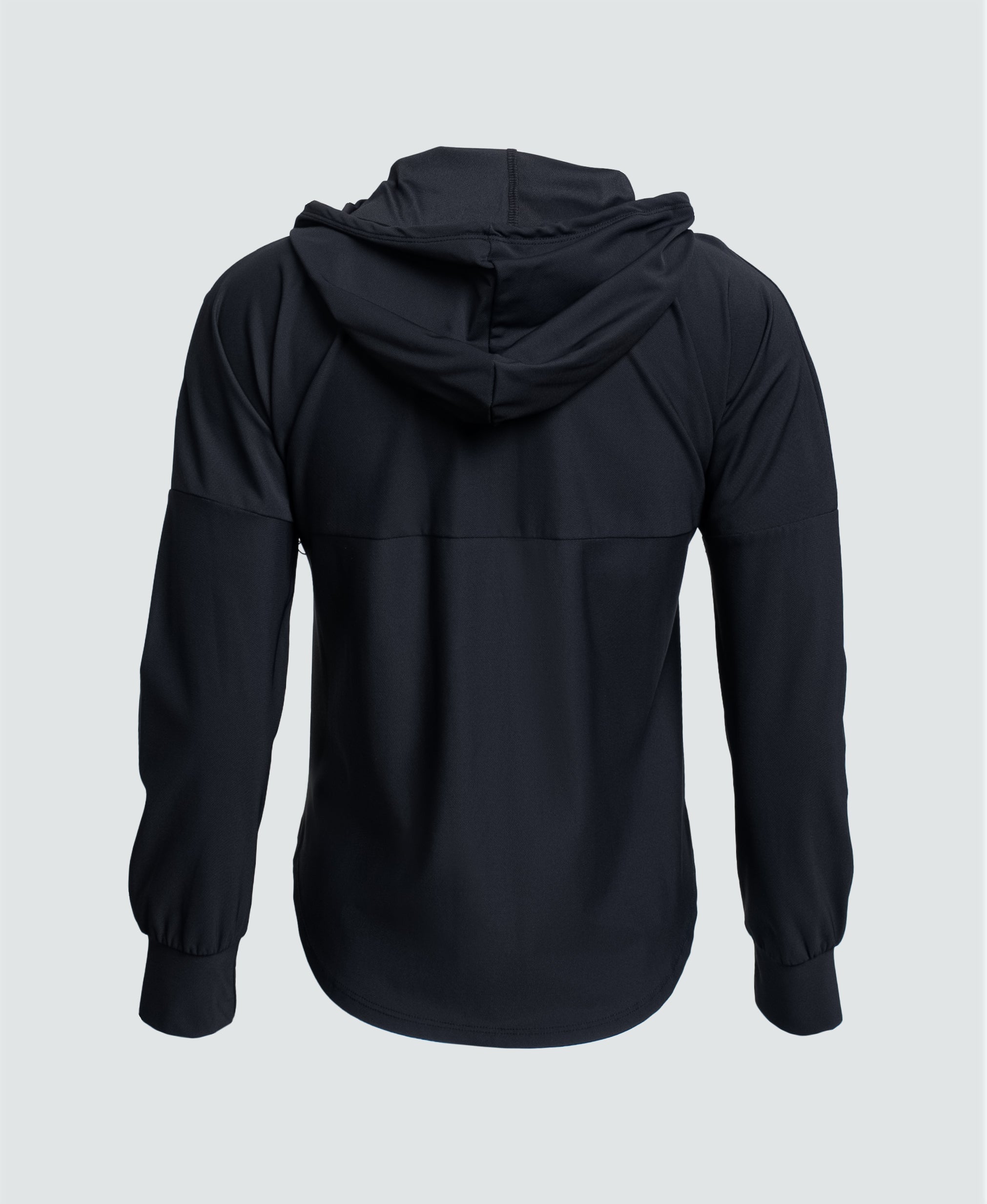 Person wearing a black hooded jacket with a logo on a white background