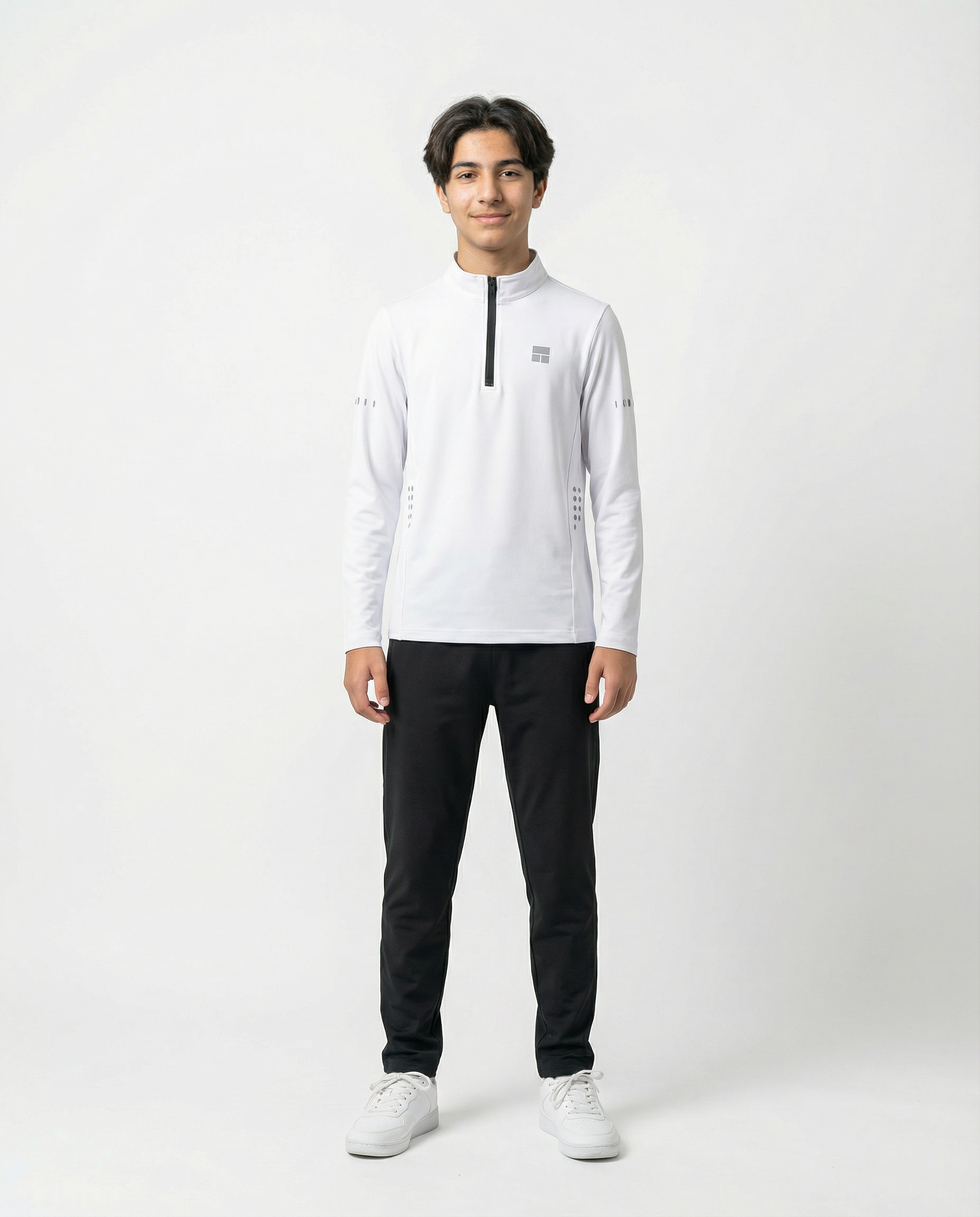 Courts white 1/4 jacket with black accents on a mannequin against a white background.