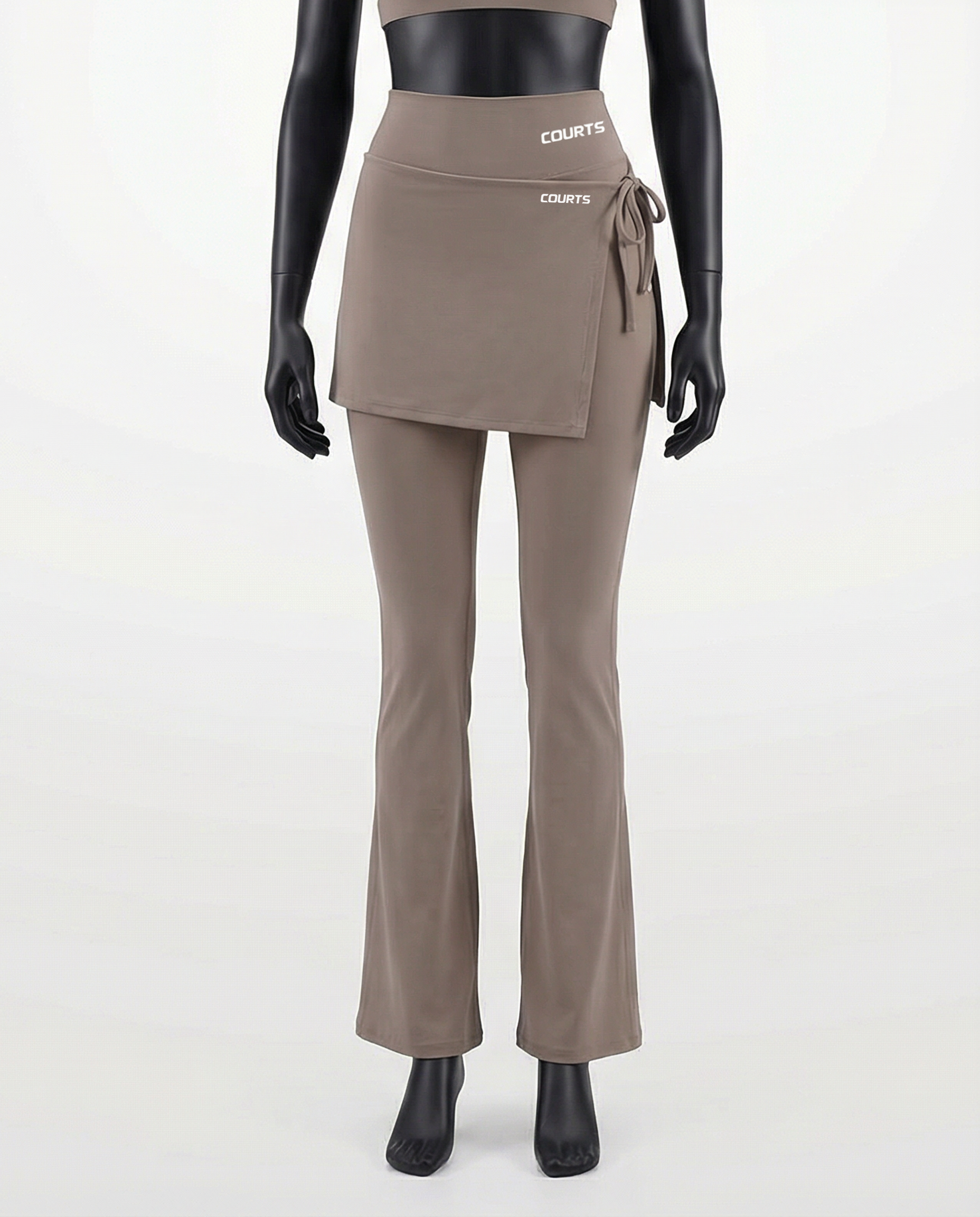 Mannequin wearing a khaki brown skirt and pants with 'Courts' branding on a white background