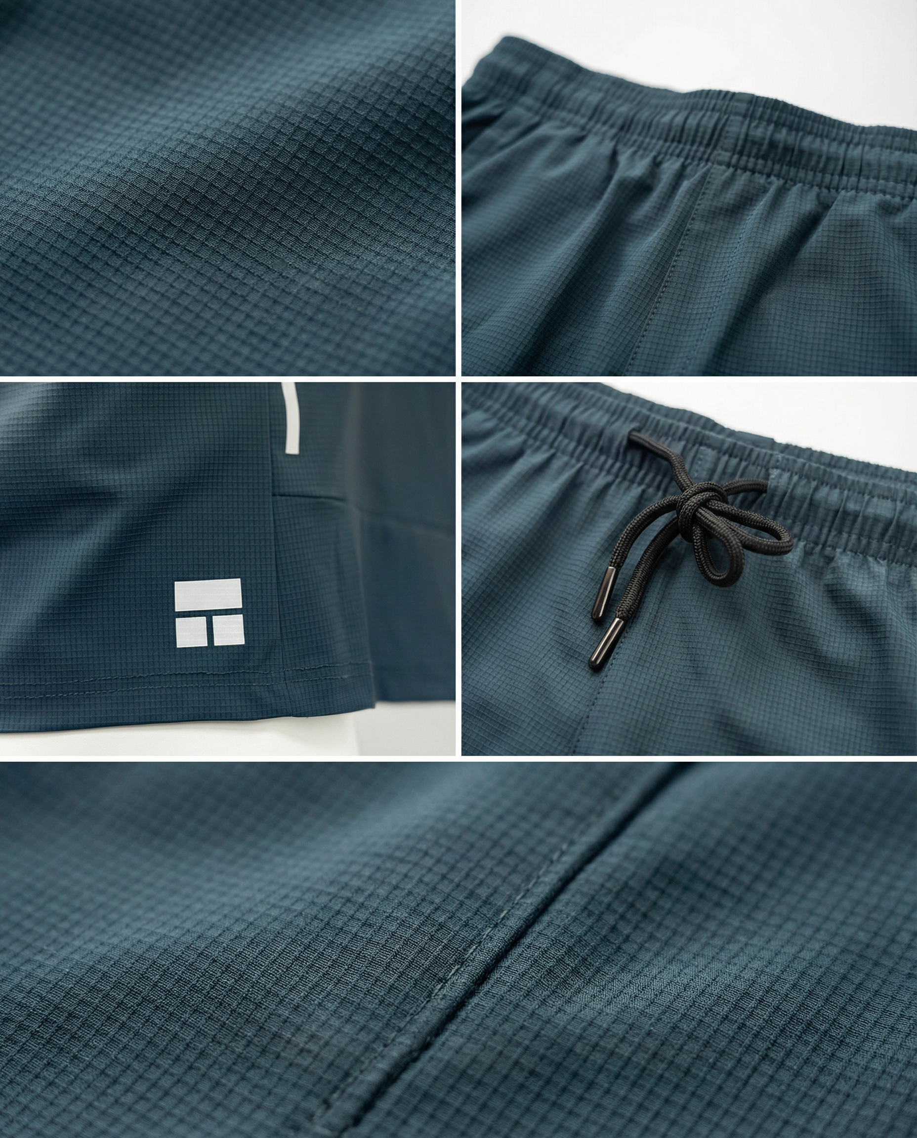 Person wearing haze blue athletic shorts with a visible Courts brand logo on a white background