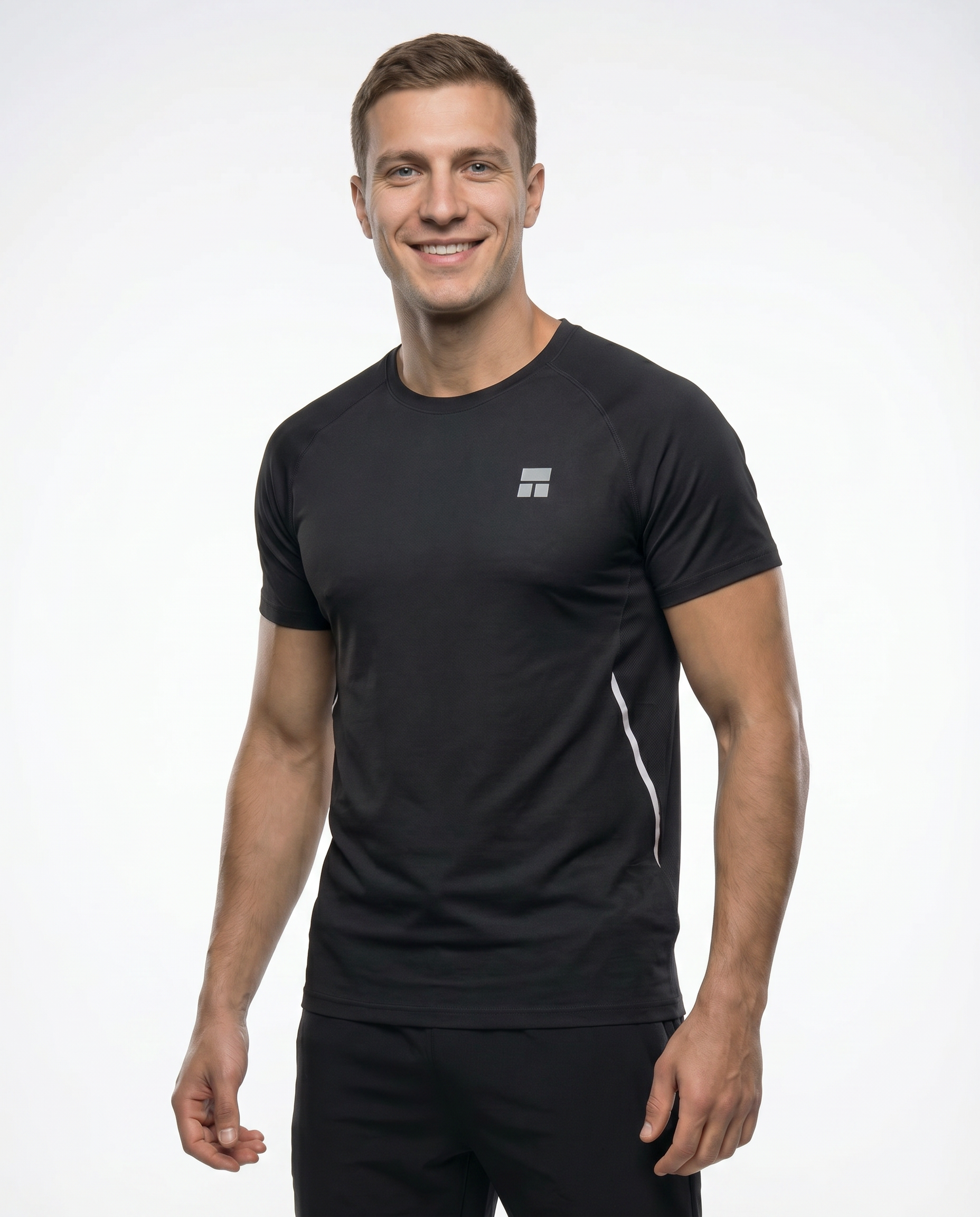 Man wearing a black athletic outfit with a logo on a white background
Courts Sport