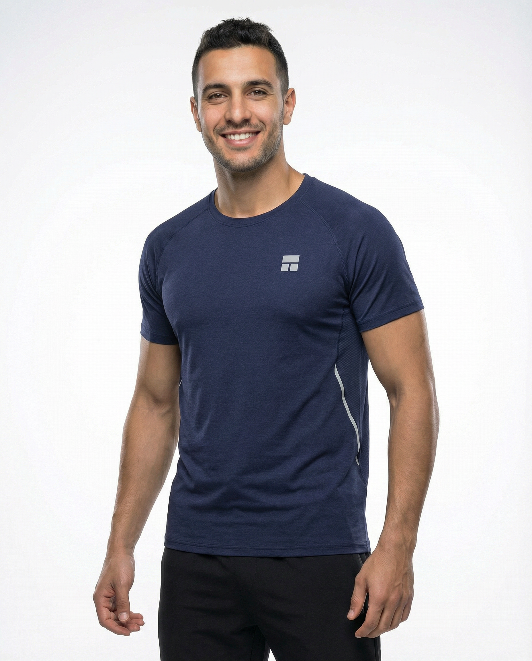 Man wearing a navy blue athletic shirt with a logo on a white background
Courts Sport