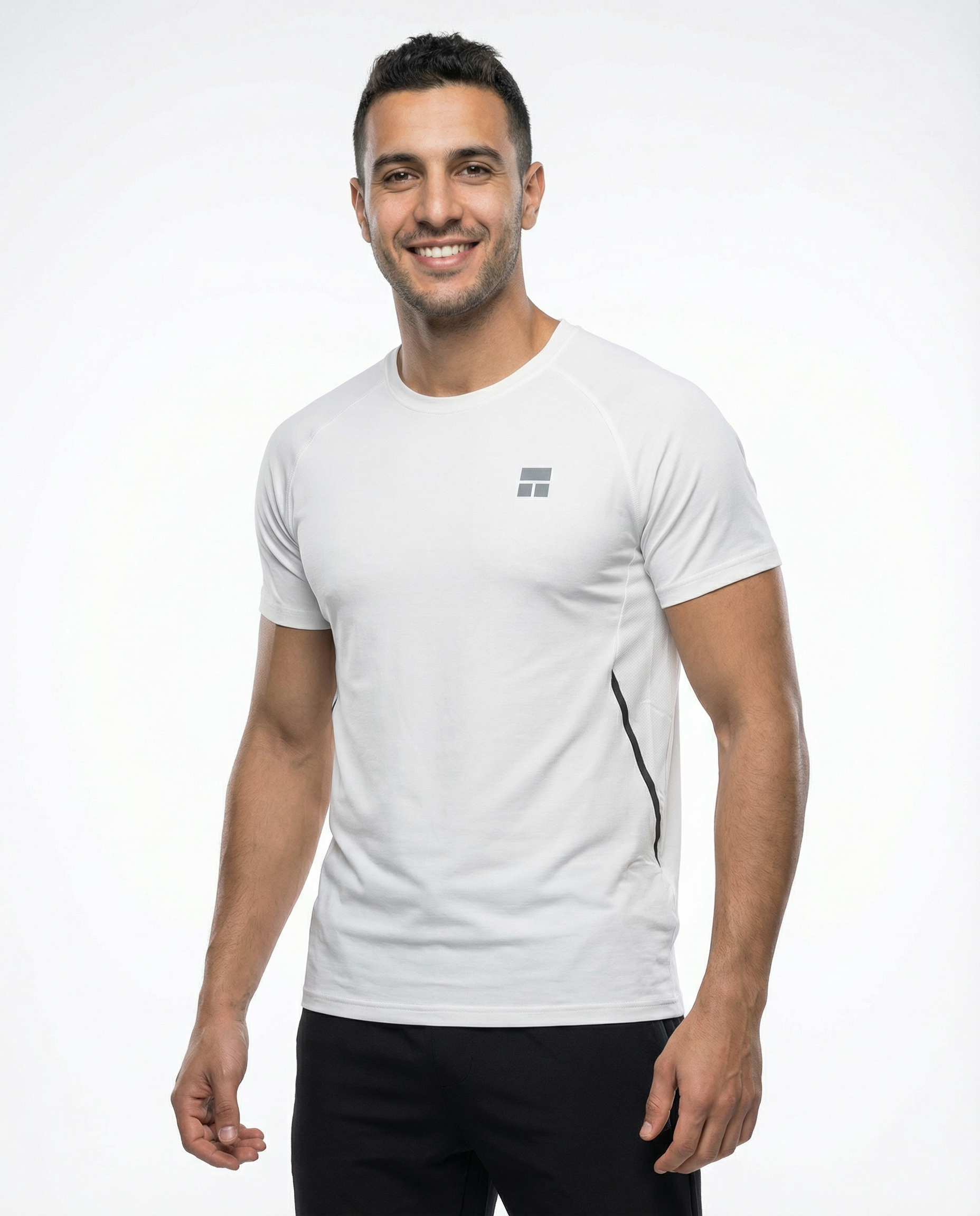 Man wearing a white t-shirt with a logo on a white background
Courts Sport