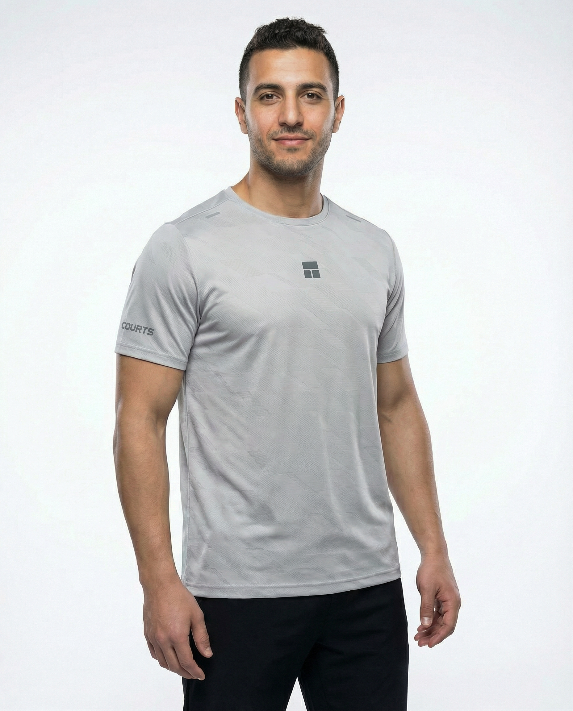 Man wearing a courts sport gray t-shirt with a logo on a white background
