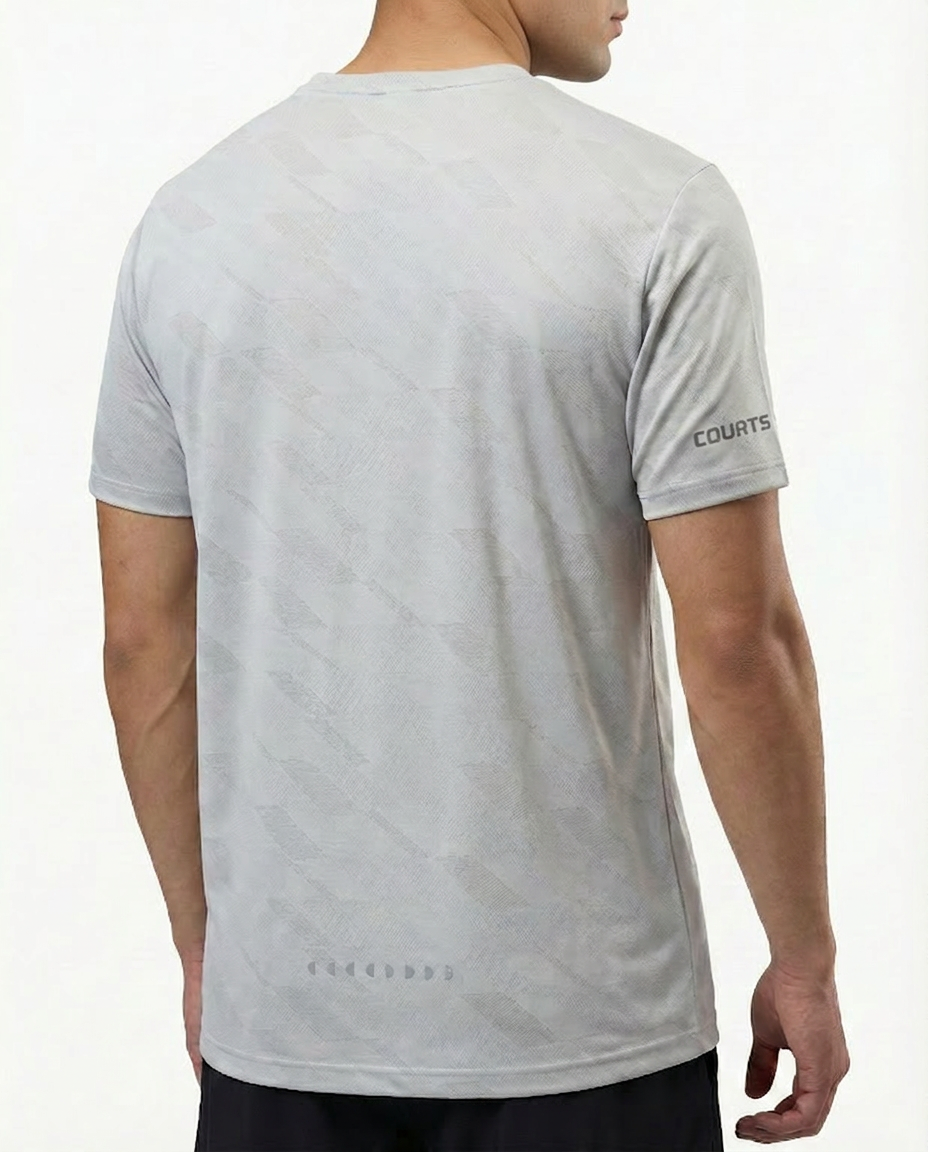 Man wearing a courts sport gray t-shirt with a logo on a white background