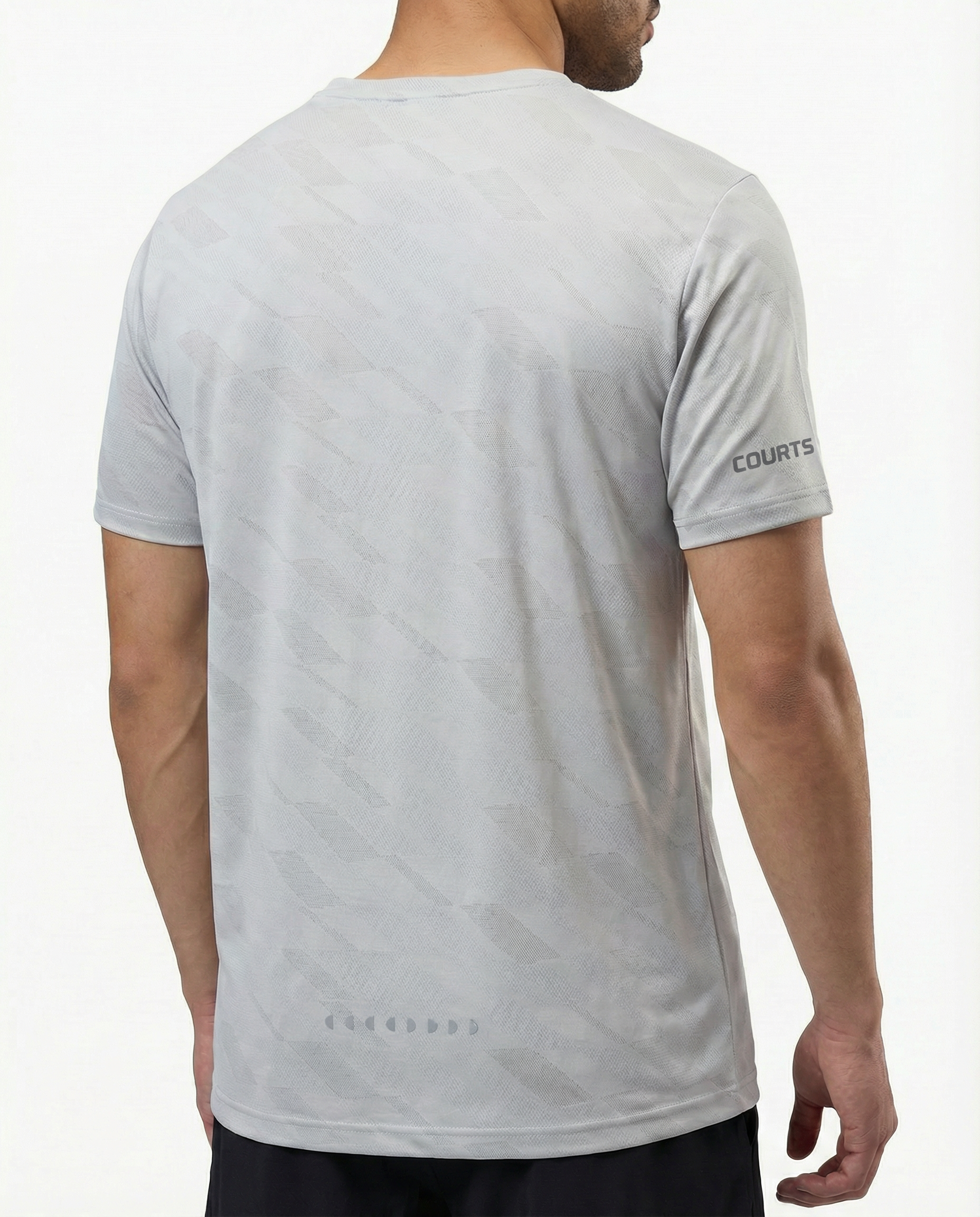 Man wearing a courts sport gray t-shirt with a logo on a white background