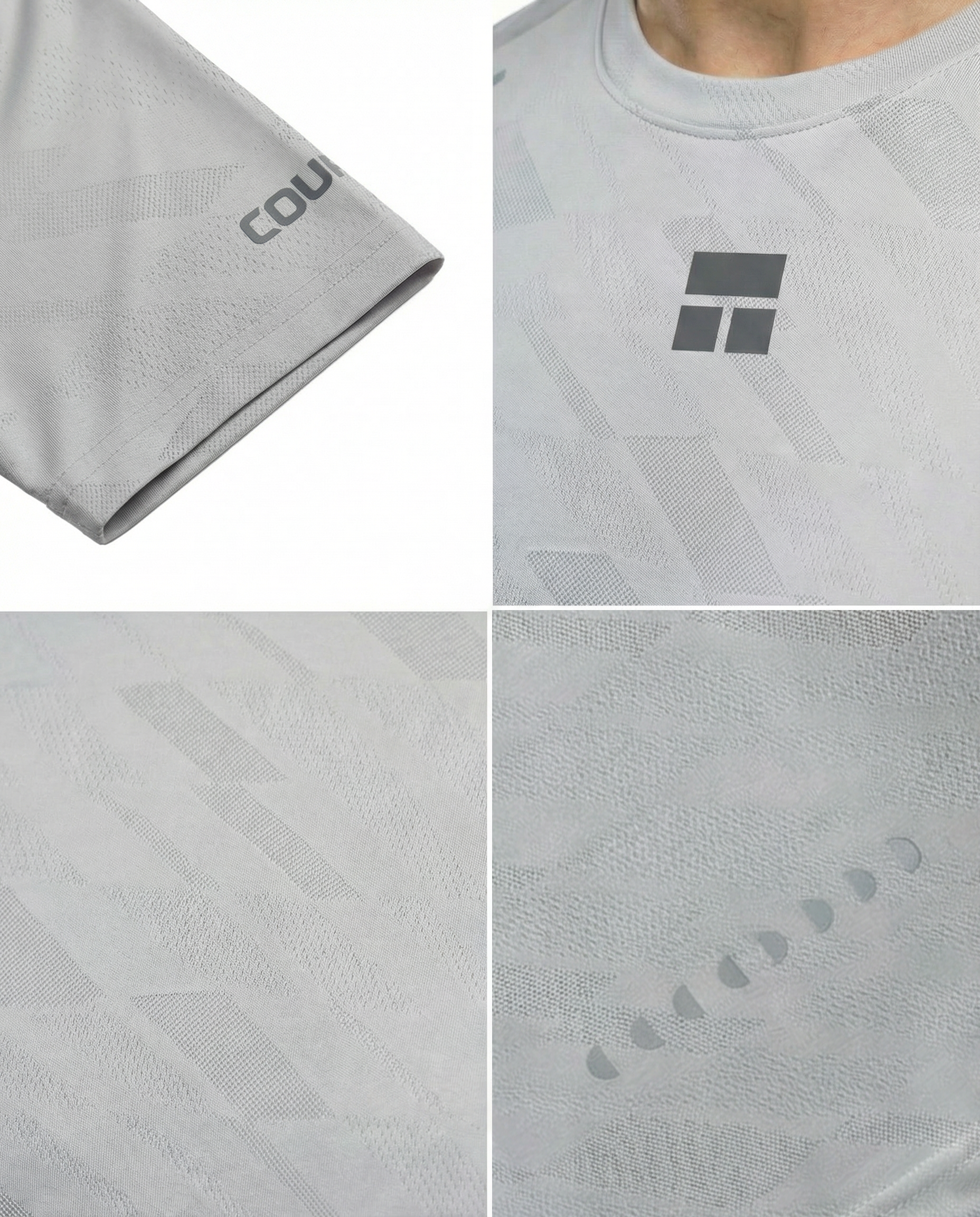 Man wearing a courts sport gray t-shirt with a logo on a white background