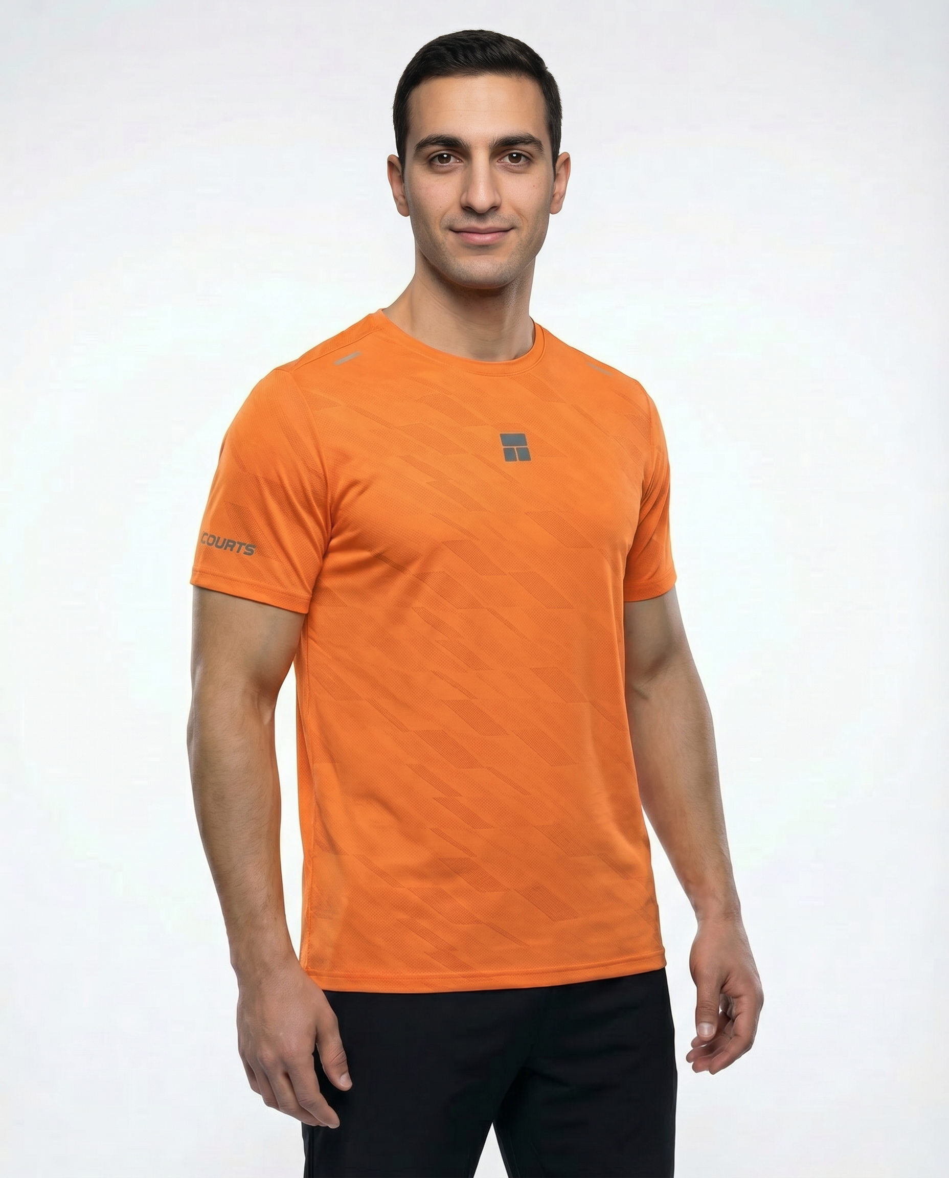 Man wearing a courts sport orange t-shirt with a logo on a white background