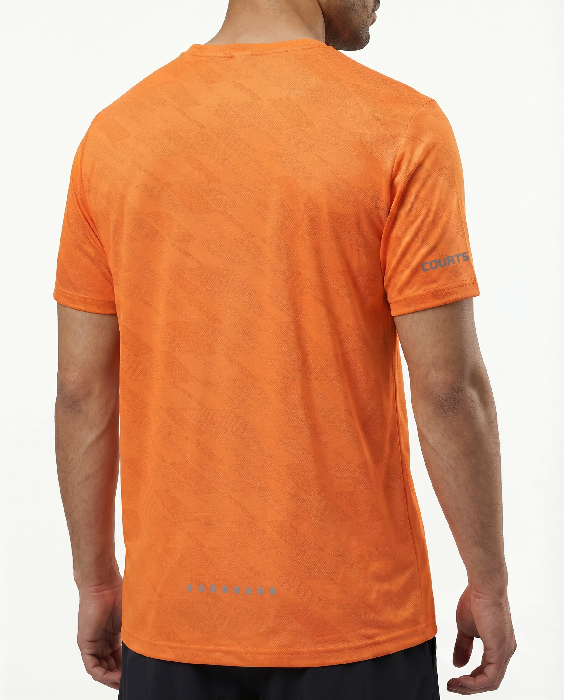 Man wearing a courts sport orange t-shirt with a logo on a white background