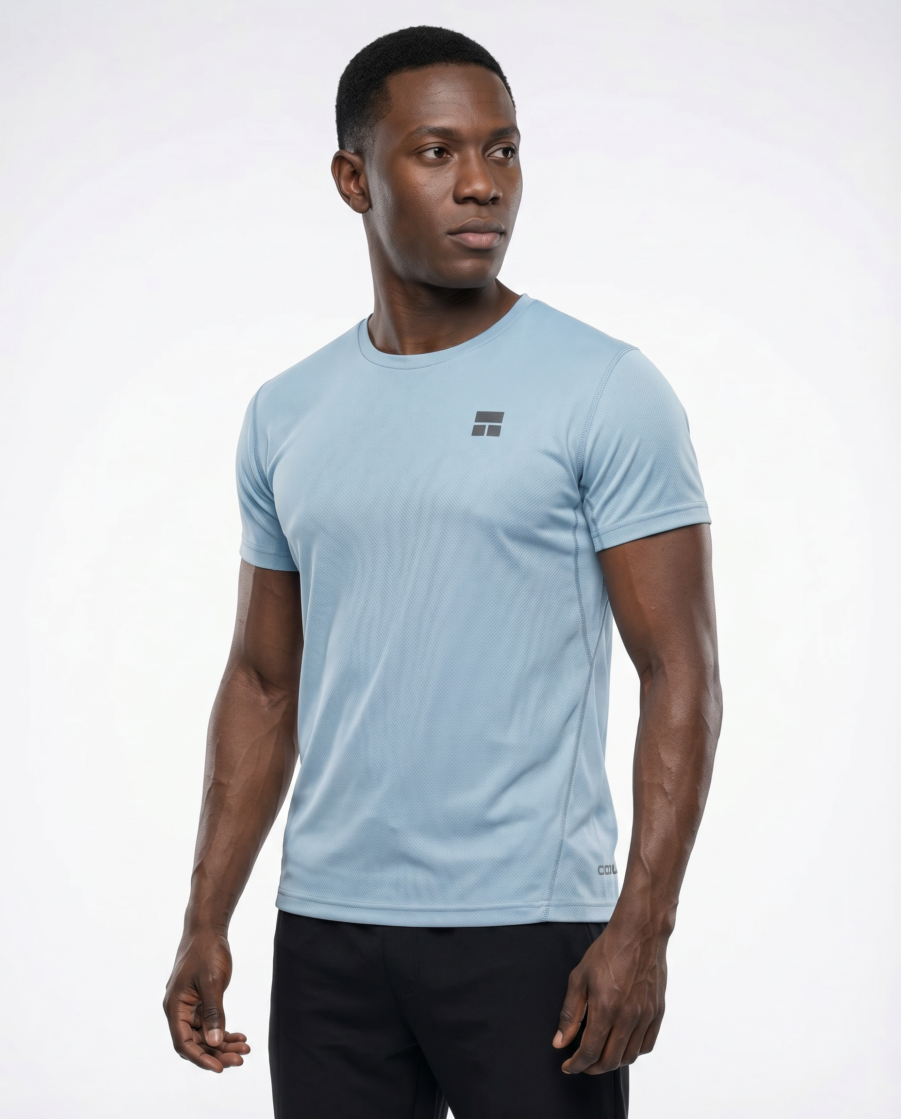 Man wearing a light blue t-shirt with a logo on a white background
Courts Sport