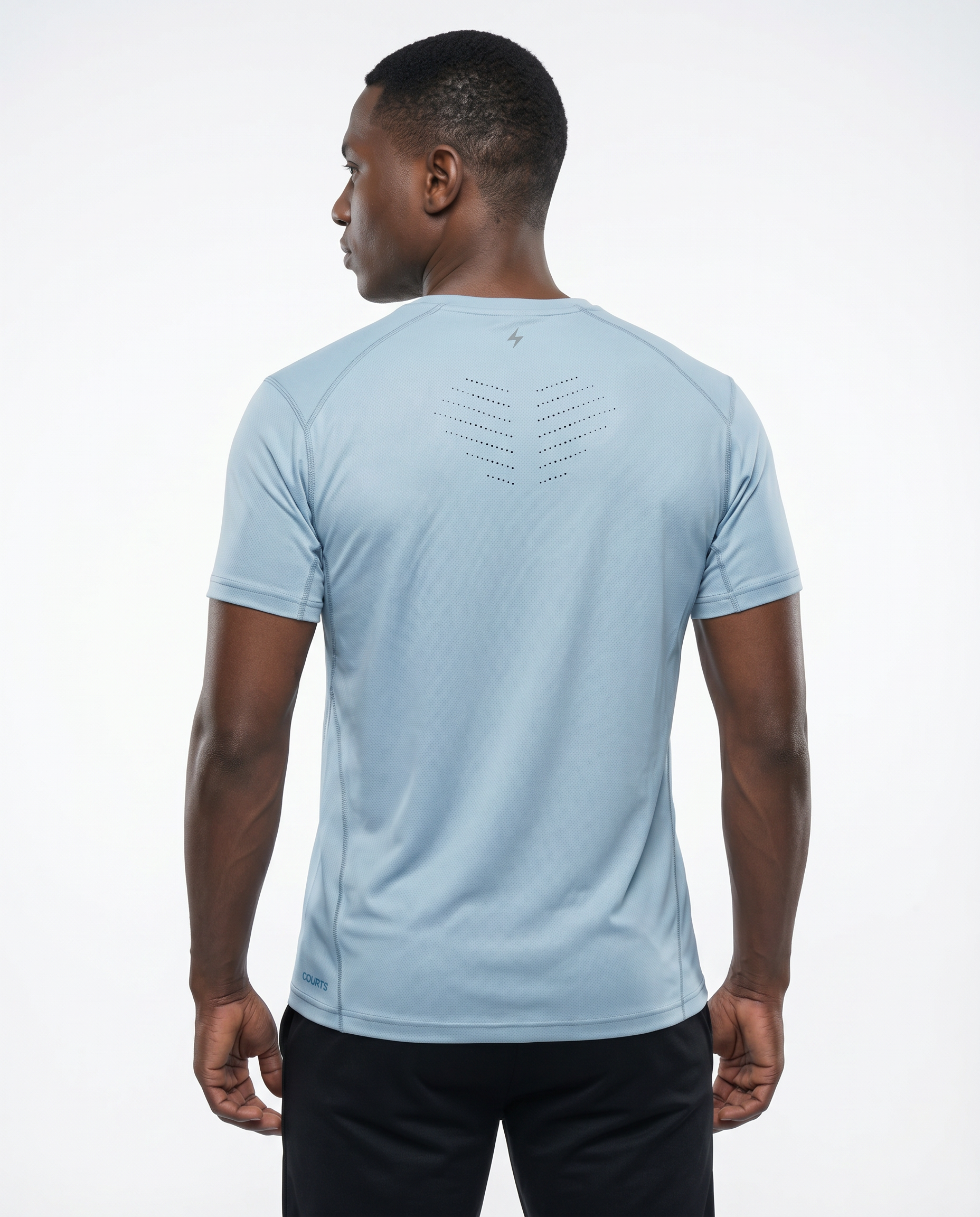 Man wearing a light blue t-shirt with a logo on a white background
Courts Sport