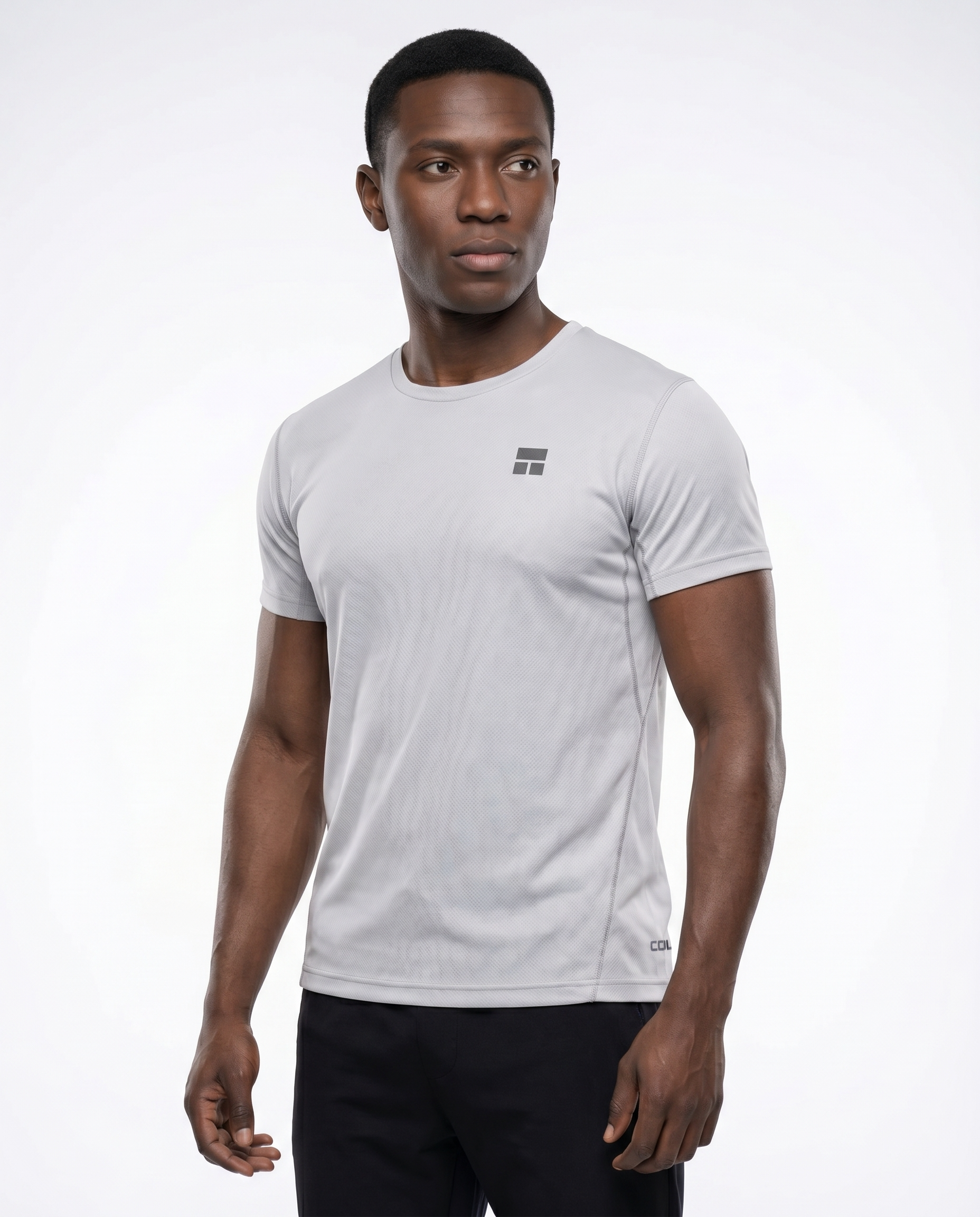 Man wearing a gray t-shirt with a logo on a white background
Courts Sport