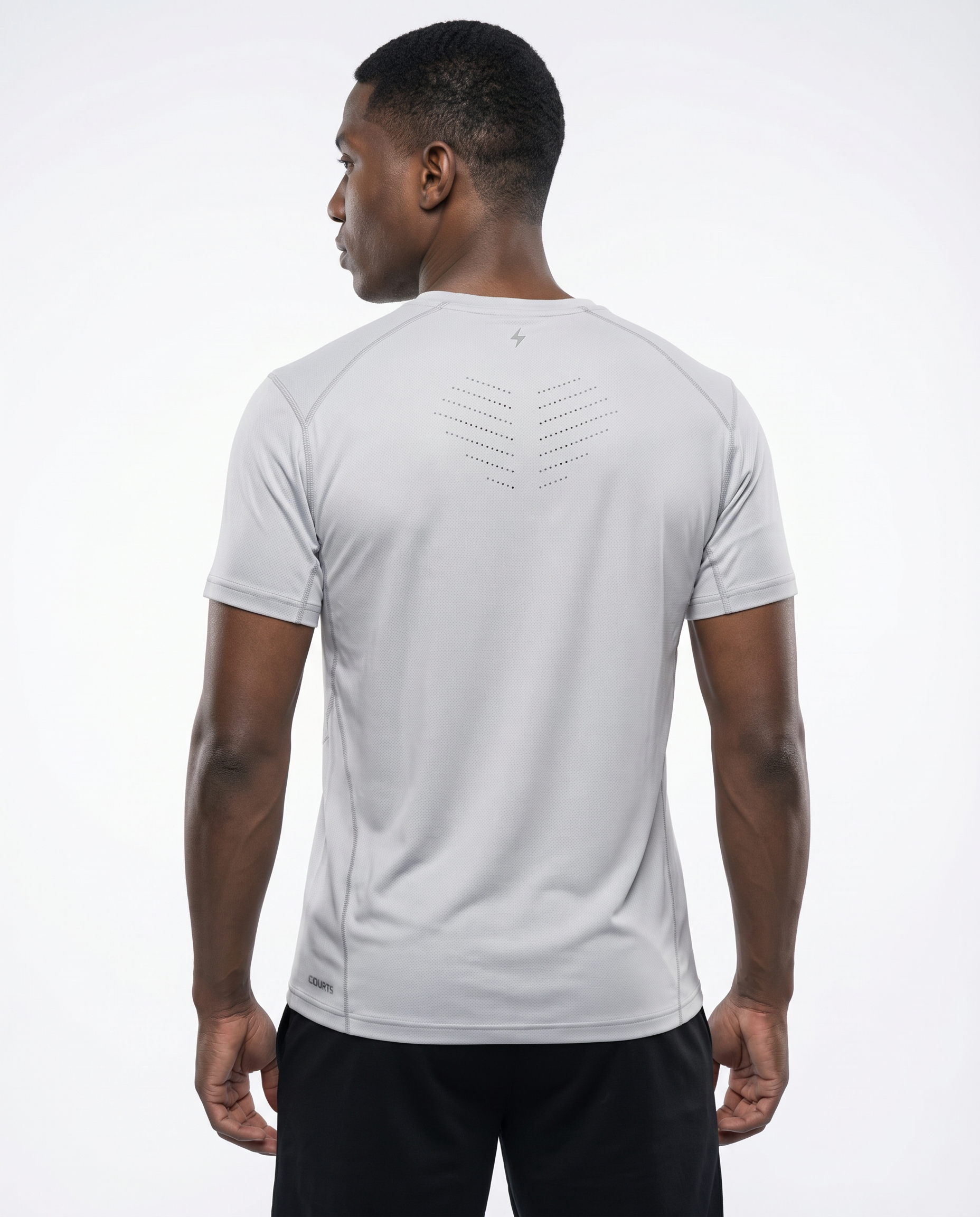 Man wearing a gray t-shirt with a logo on a white background
Courts Sport