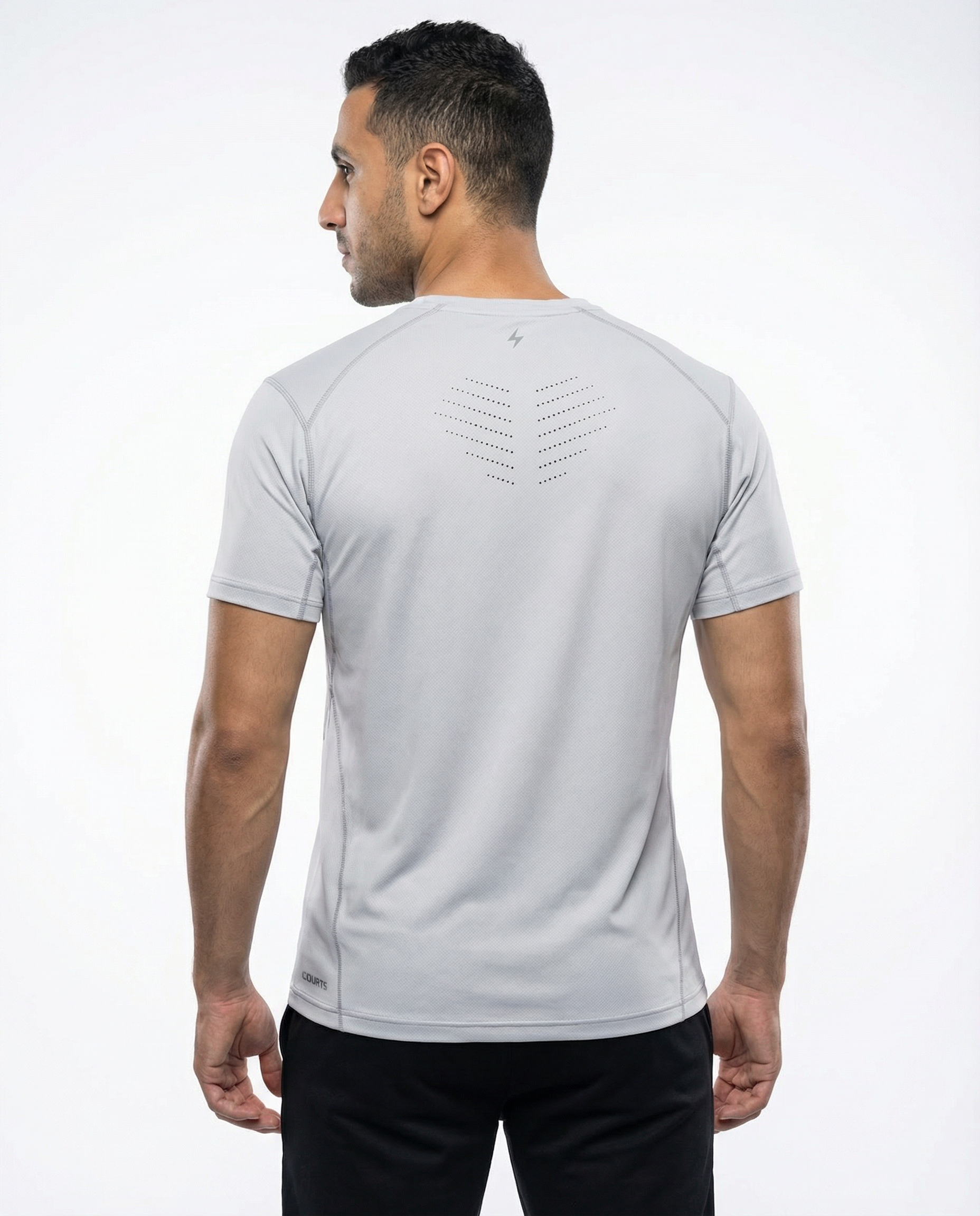 Man wearing a gray t-shirt with a logo on a white background
Courts Sport