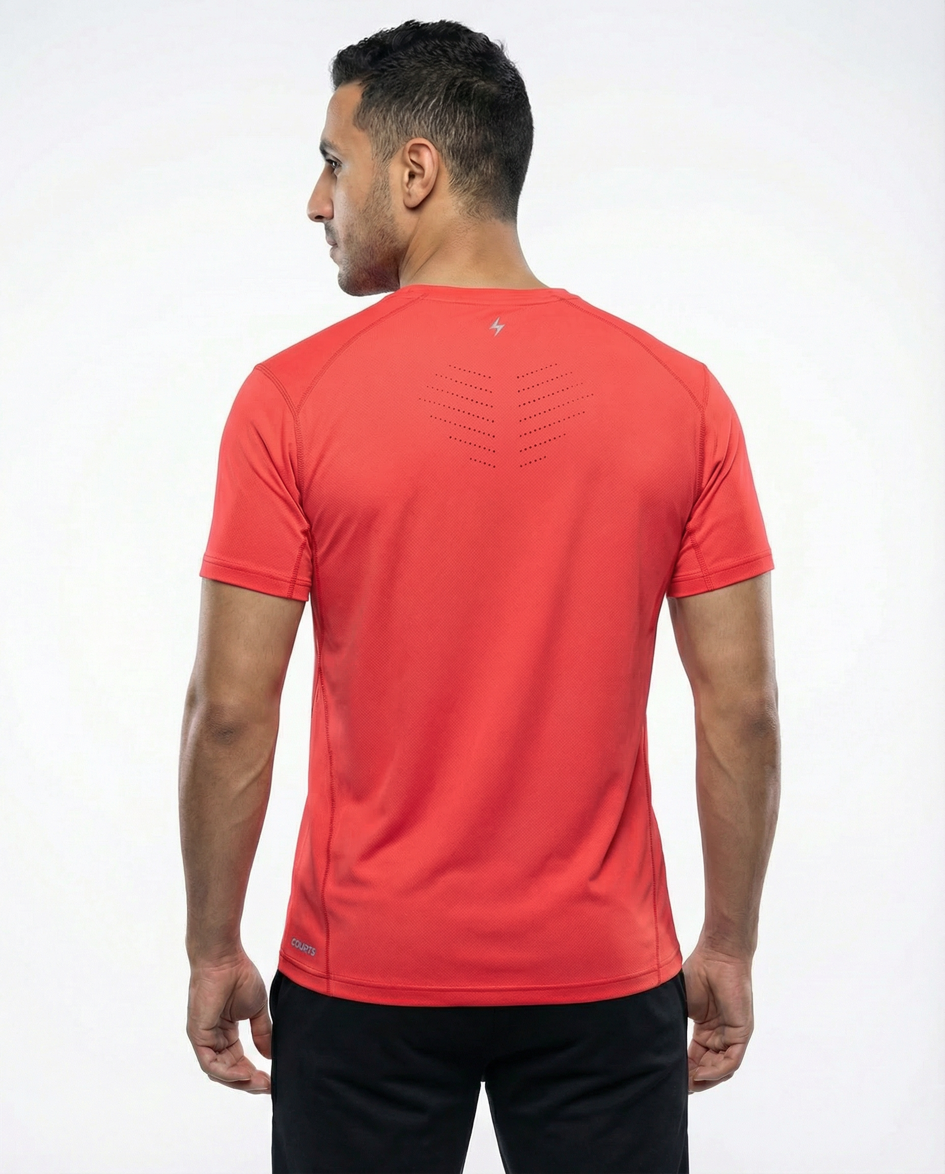 Man wearing a red t-shirt with a small logo on a white background
Courts Sport