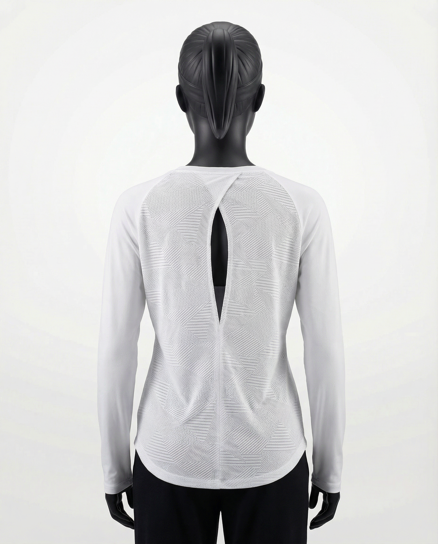 Mannequin wearing a white long-sleeve top with a cutout design on a white background