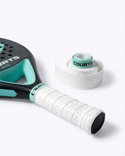 black padel and tennis racket handle with white grip and 'COURTS' branding on a white background
