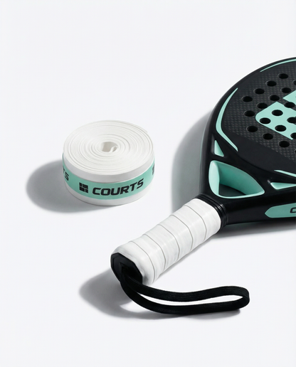 black padel and tennis racket handle with white grip and 'COURTS' branding on a white background
