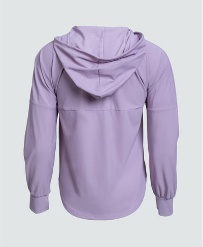 Woman wearing a purple hoodie with a brand logo on a white background
