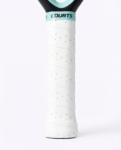 black padel and tennis racket handle with white grip and 'COURTS' branding on a white background
