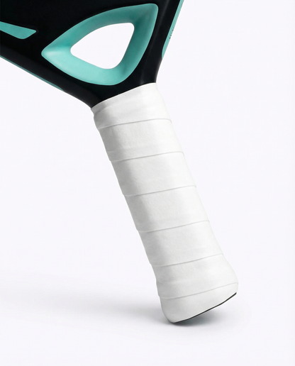 black padel and tennis racket handle with white grip and 'COURTS' branding on a white background
