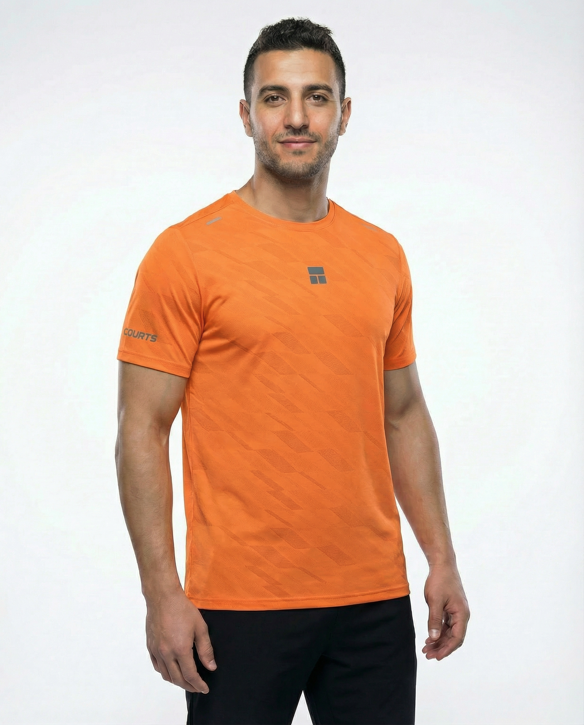 Man wearing a courts sport orange t-shirt with a logo on a white background
#color_orange