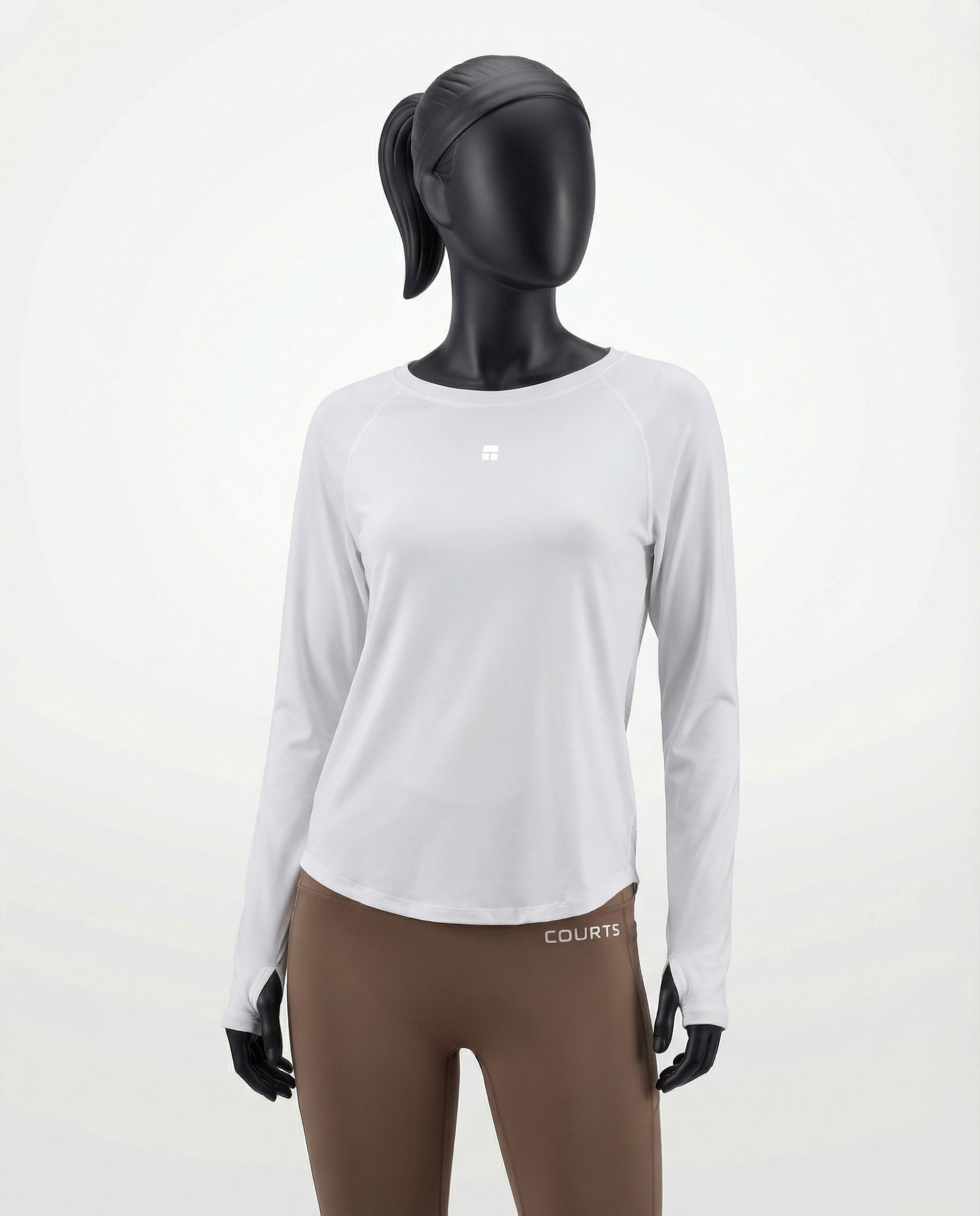 Mannequin wearing a white long-sleeve top with a cutout design on a white background
#color_white
