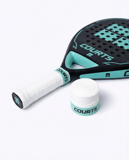 black padel and tennis racket handle with white grip and 'COURTS' branding on a white background
